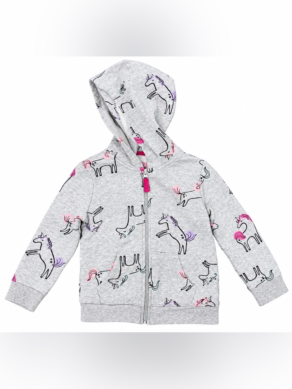 Cat & Jack Girls Unicorn Zip Up Hoodie Sweatshirt Gray Pink Size XS 4/5